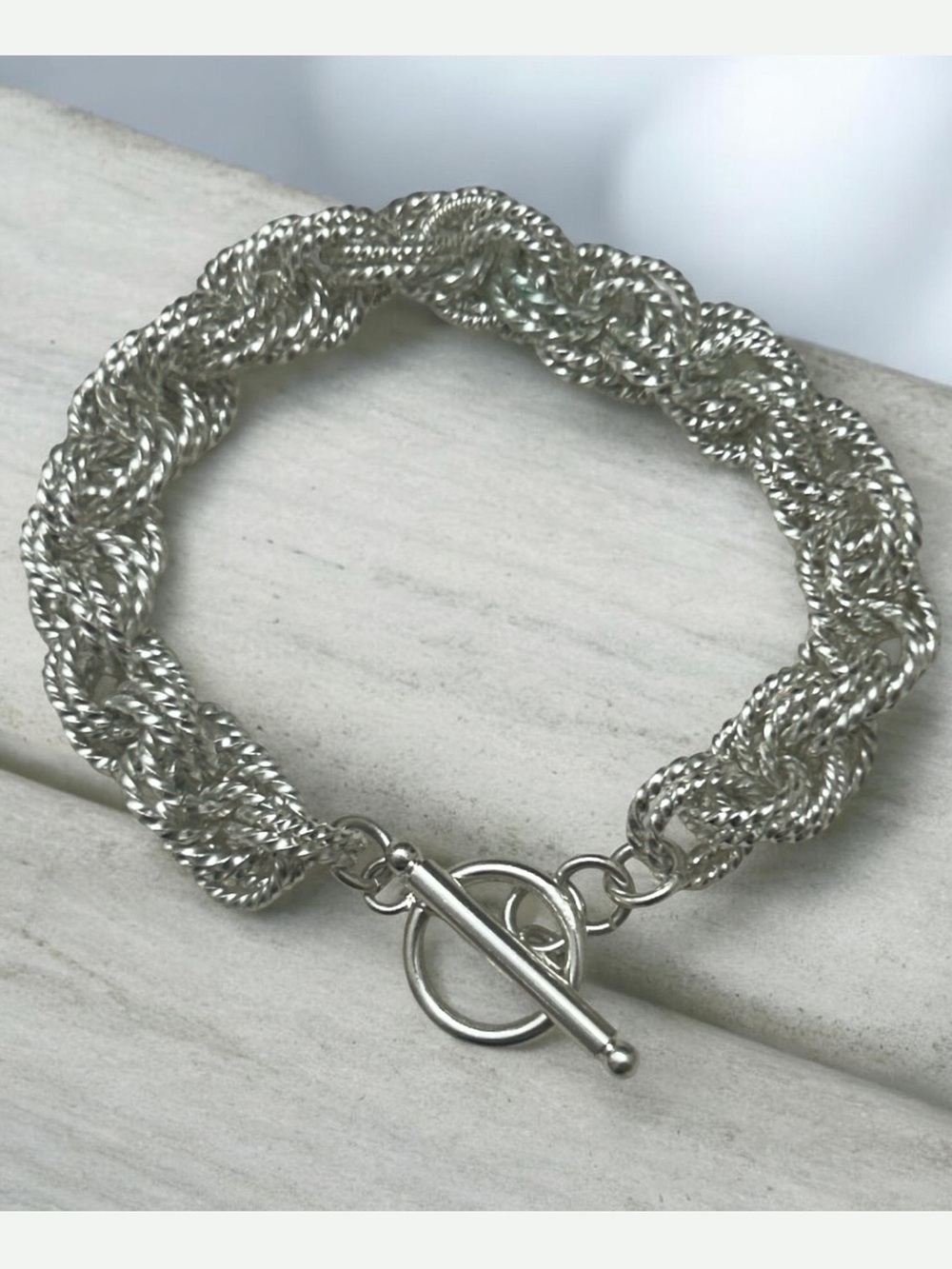 Sterling Silver Stamped Interwoven Chainmaille Chunky Toggle Bracelet